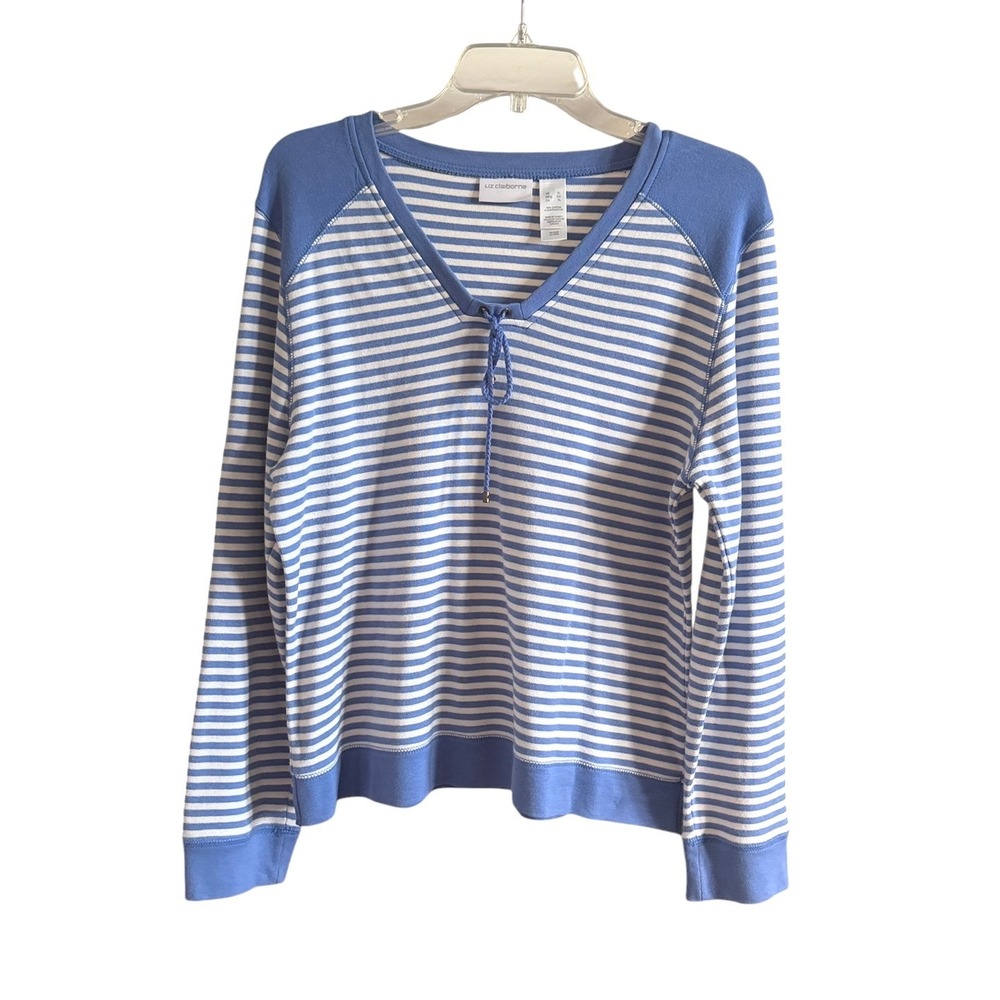 Liz Claiborne Womens XL Blue White Striped Lace Up V-Neck Cotton Top Long Sleeve